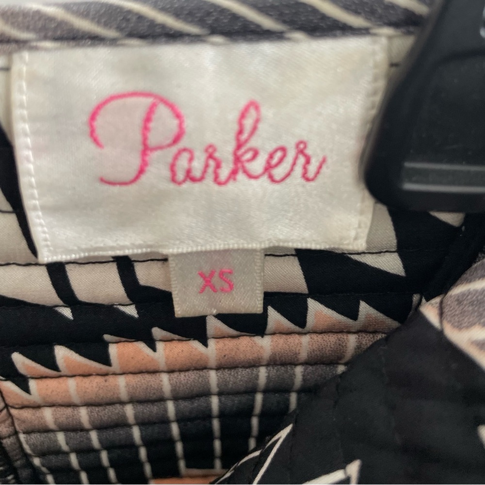 Parker, strapless mini-dress. Black with coral and white stripes/deaign. XS - Picture 3 of 3